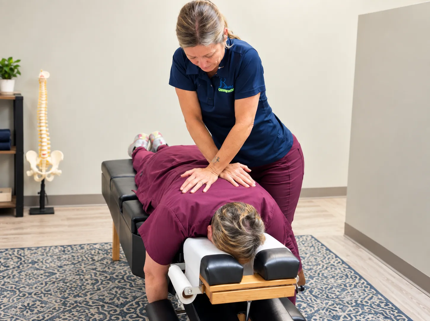 Chiropractor showing a spine model to a patient
